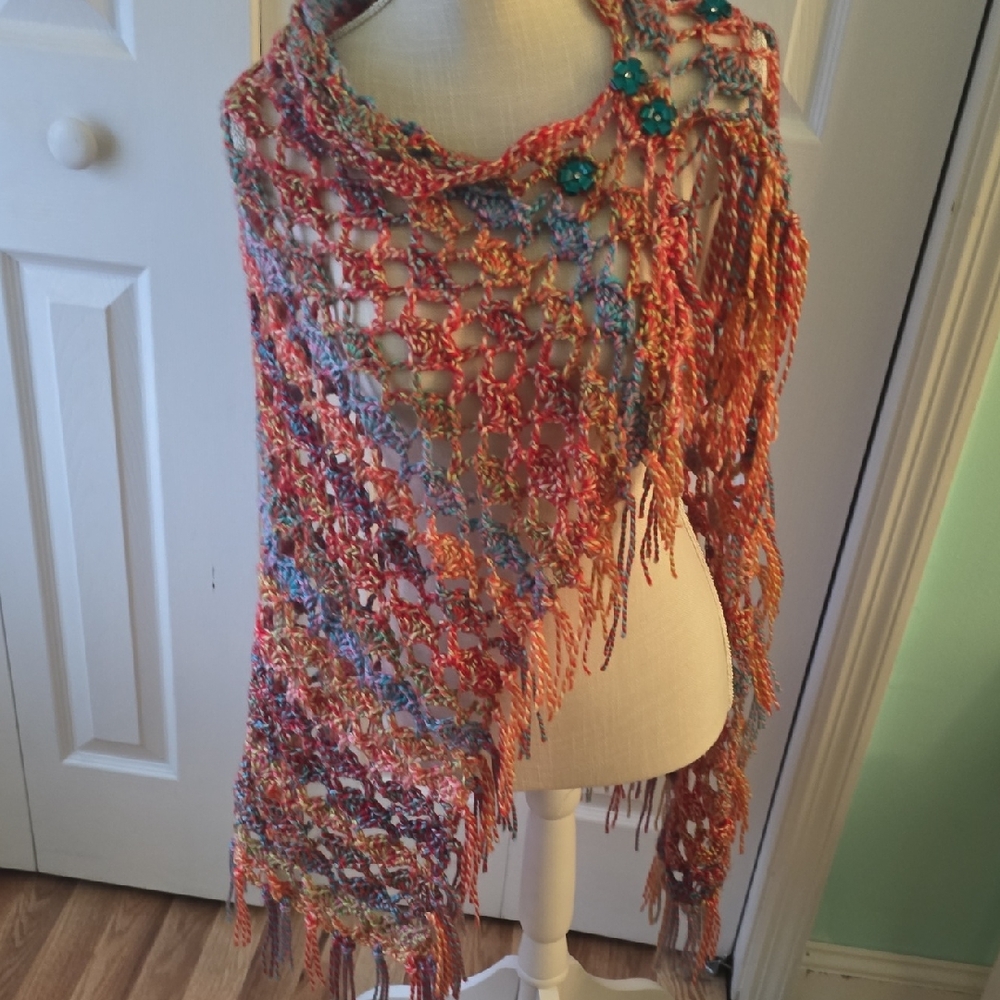 Colorful Crochet Shawl with Fringe